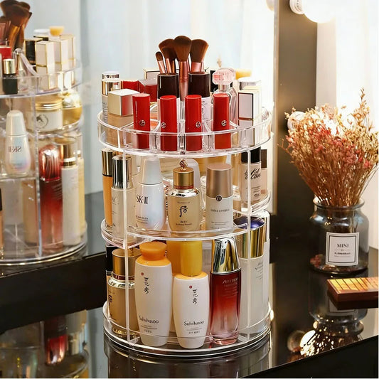 360° Rotation Makeup Organizer with Brush Holder Perfume Tray